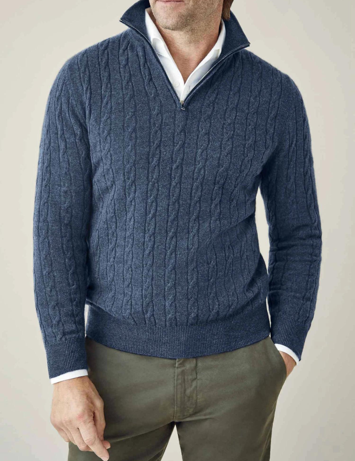 NOUVEAU RICHE Herren Kabelstrick Pullover Mit Reißverschluss Winterwarm Mitternachtsblau