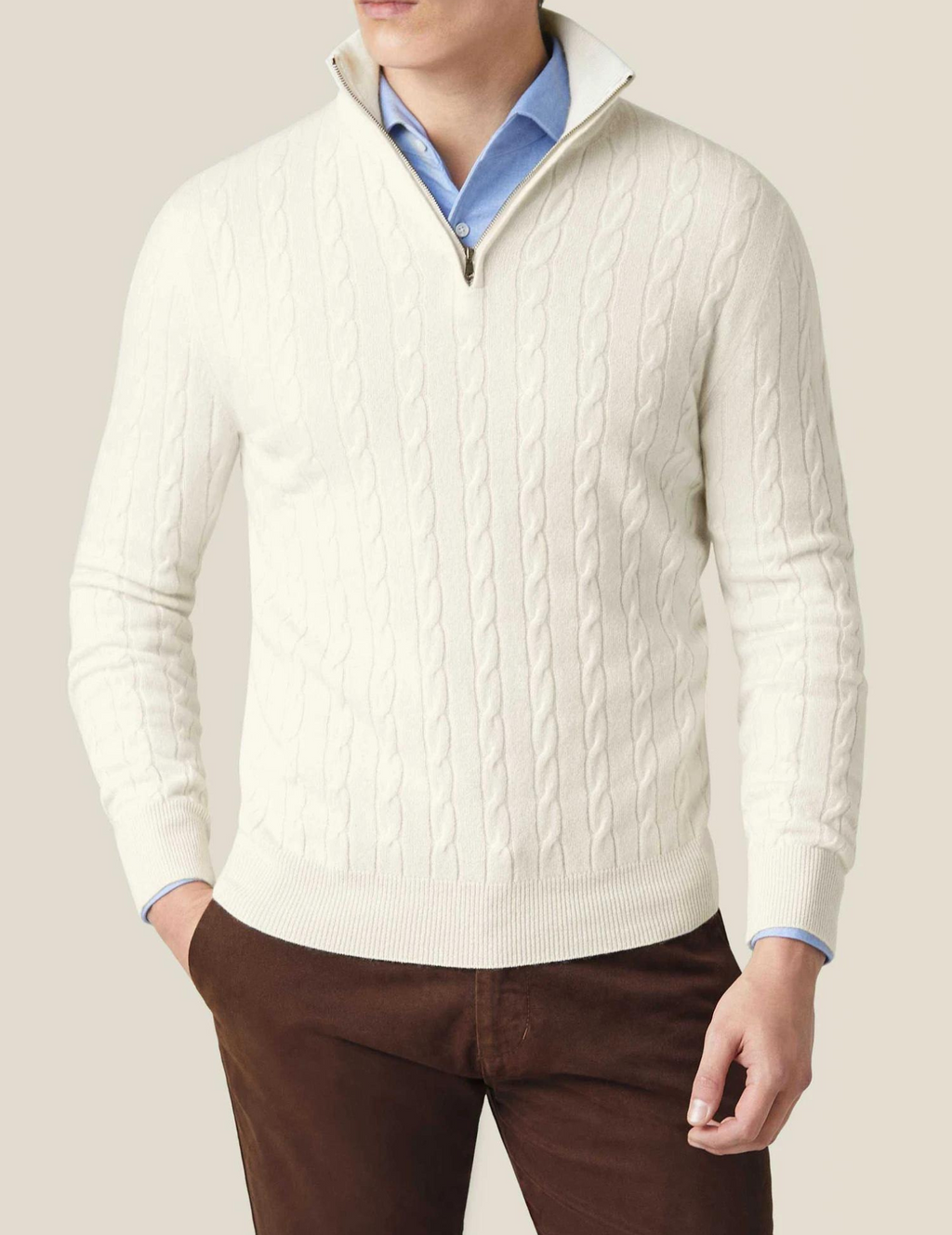 NOUVEAU RICHE Herren Kabelstrick Pullover Mit Reißverschluss Winterwarm Weiß