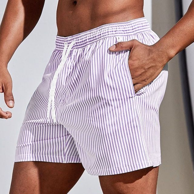 NOUVEAU RICHE Herren Schnelltrocknende Badeboardshorts Gestreifte Muster Blassrosa