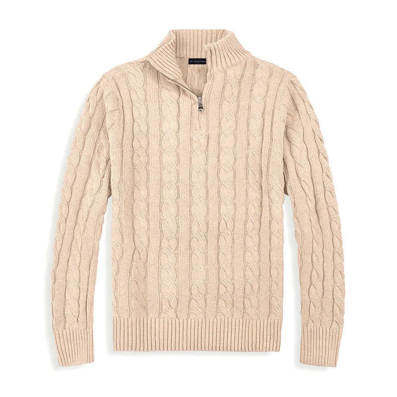 NOUVEAU RICHE Langarm Baumwollpullover Halbreißverschluss Kragen Luxus Beige