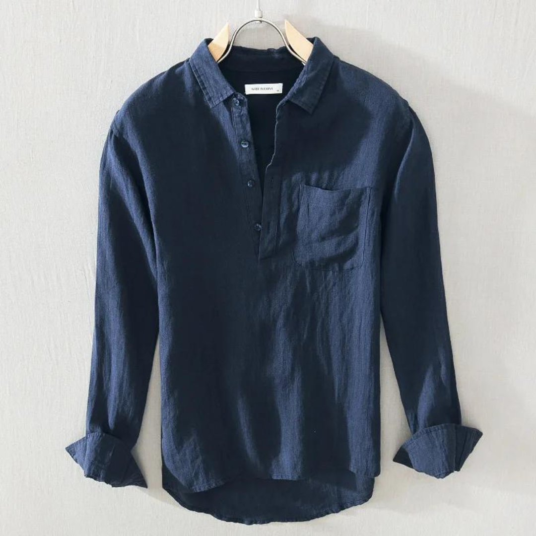 NOUVEAU RICHE Leinen Popover Bluse Damen Atmungsaktiv Leicht Kühl Marineblau