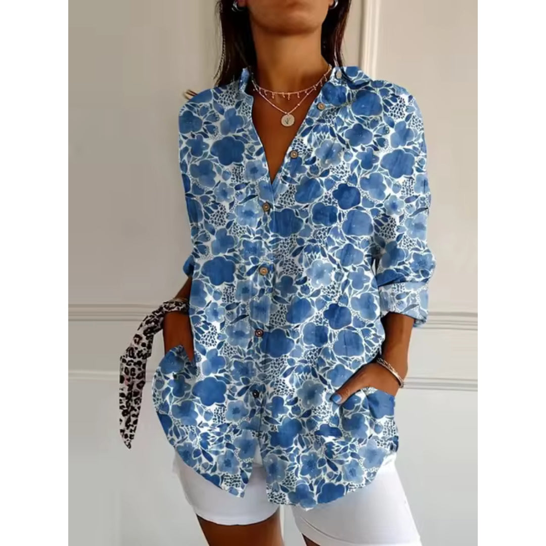 NOUVEAU RICHE Luftige Damenbluse Mit Blumenknöpfen Und Blumenprint Blau