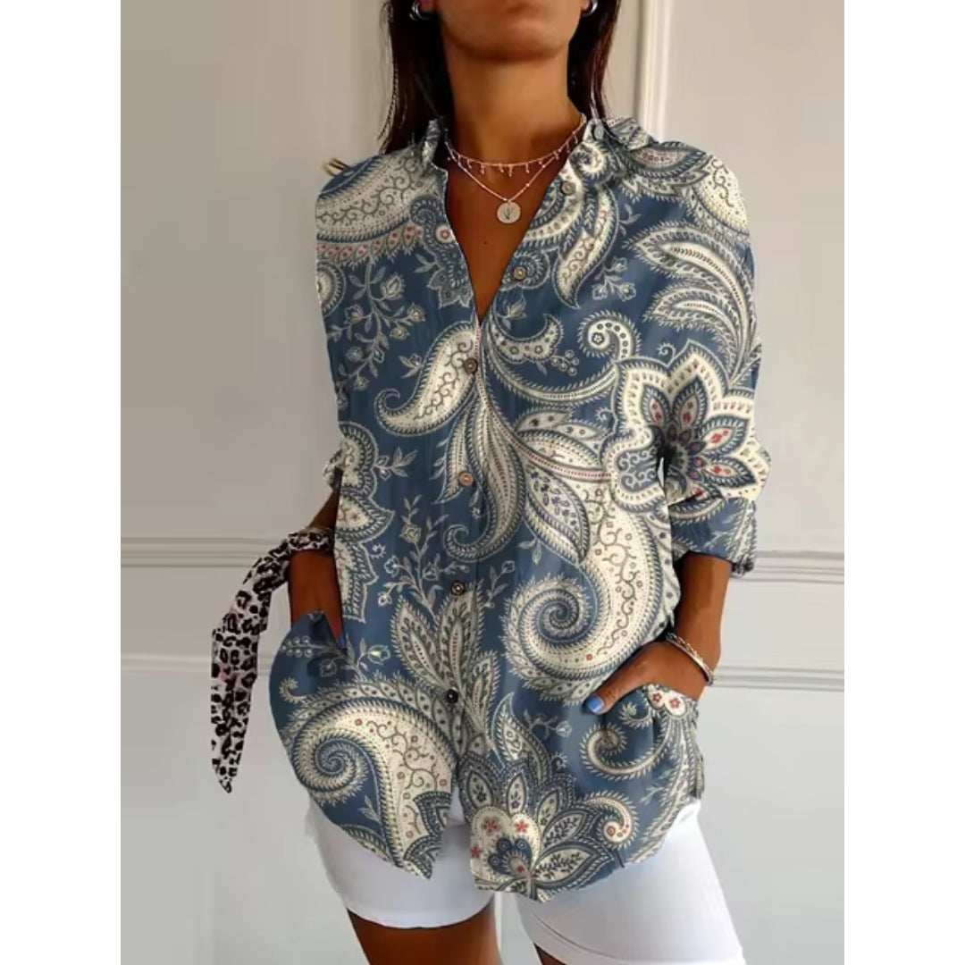 NOUVEAU RICHE Luftige Damenbluse Mit Blumenknöpfen Und Blumenprint Dunkelblau