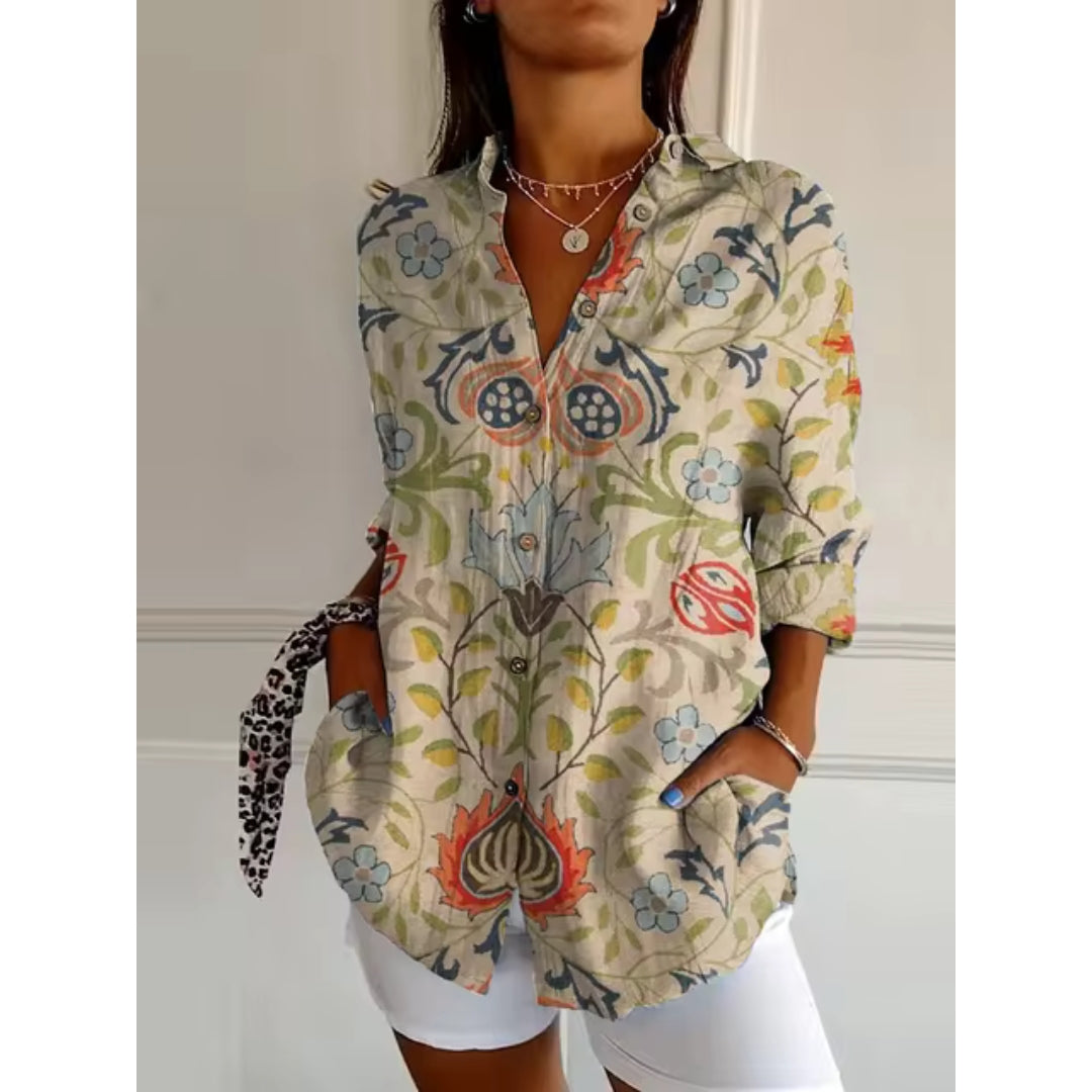 NOUVEAU RICHE Luftige Damenbluse Mit Blumenknöpfen Und Blumenprint Hellgrün
