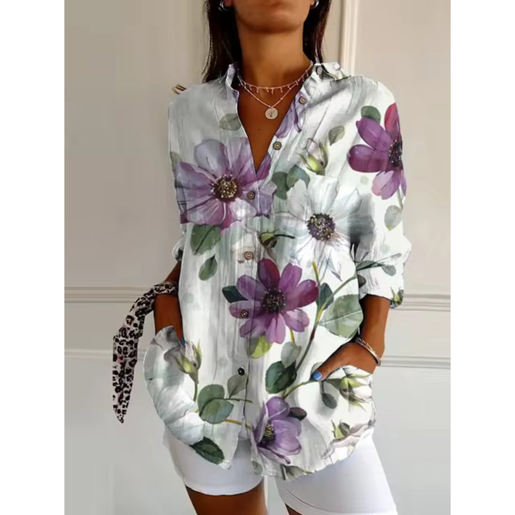 NOUVEAU RICHE Luftige Damenbluse Mit Blumenknöpfen Und Blumenprint Lila