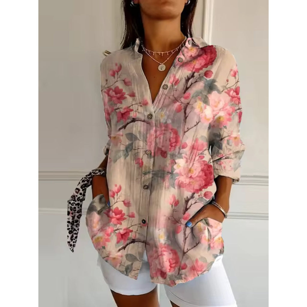 NOUVEAU RICHE Luftige Damenbluse Mit Blumenknöpfen Und Blumenprint Rosa