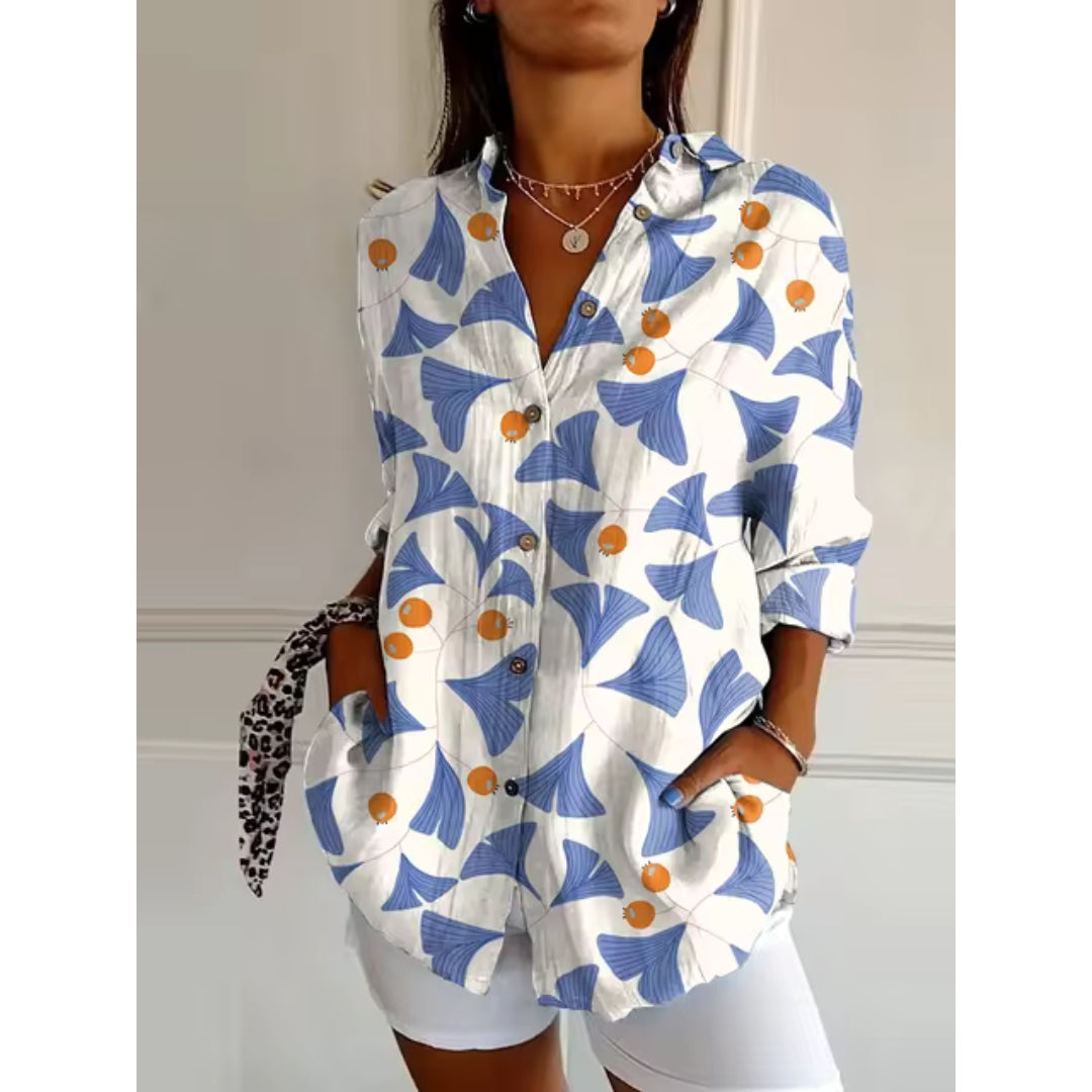 NOUVEAU RICHE Luftige Damenbluse Mit Blumenknöpfen Und Blumenprint Weiß