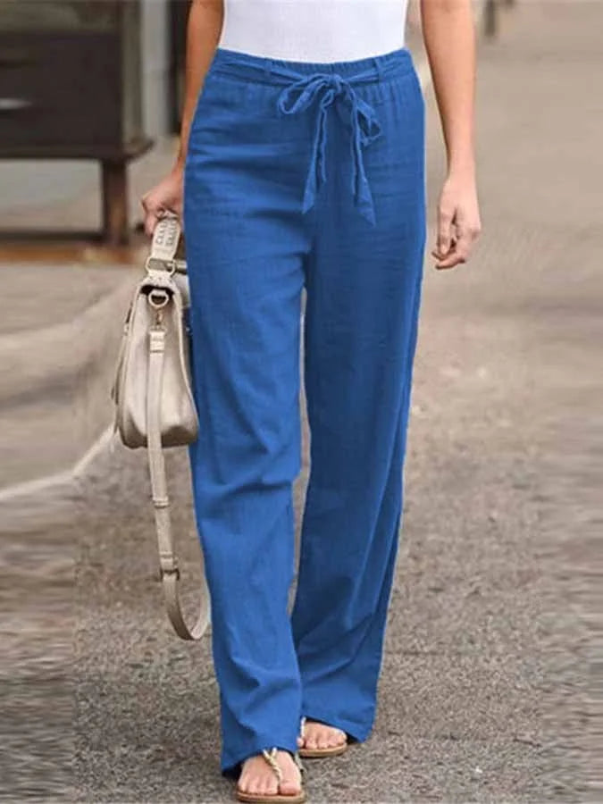 NOUVEAU RICHE Luftige Leinenhose Damen Weite Hohe Taille Bindegürtel Blau