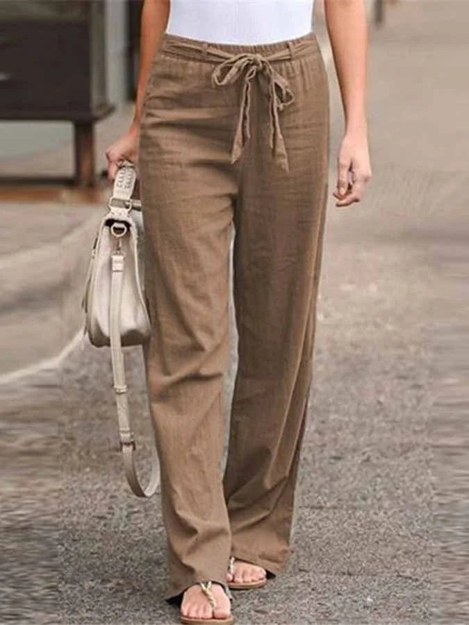 NOUVEAU RICHE Luftige Leinenhose Damen Weite Hohe Taille Bindegürtel Braun