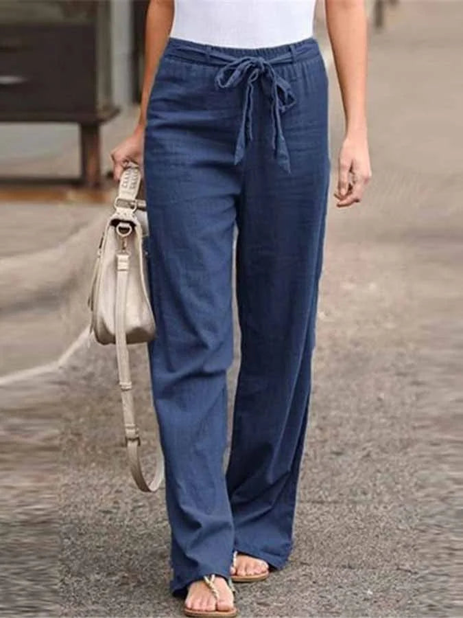 NOUVEAU RICHE Luftige Leinenhose Damen Weite Hohe Taille Bindegürtel Dunkelblau