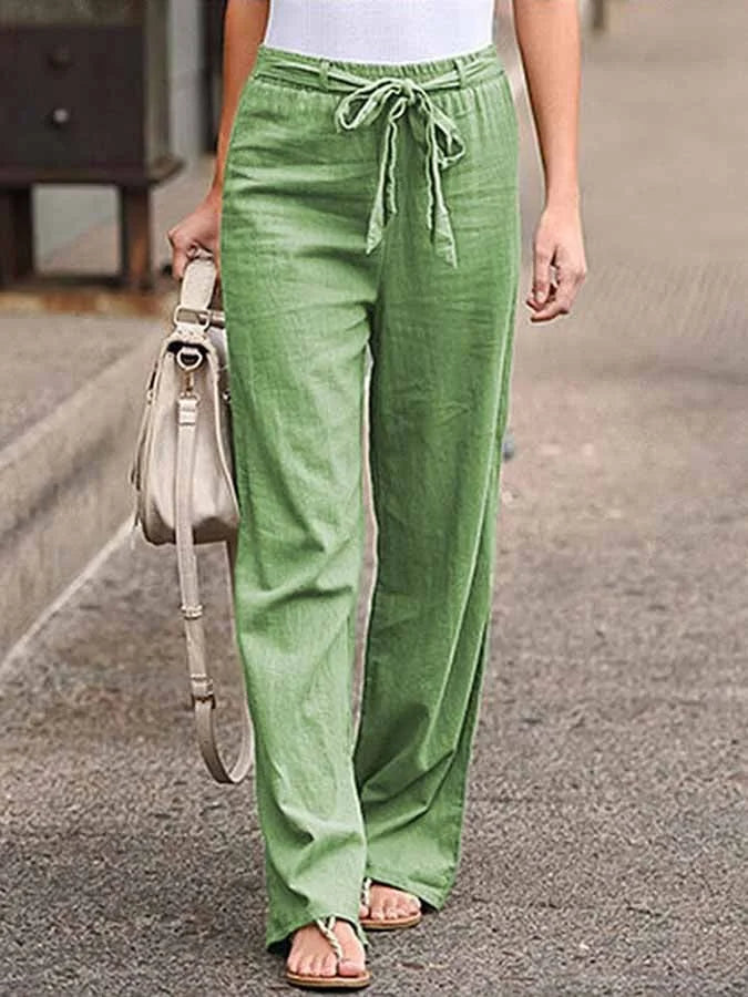 NOUVEAU RICHE Luftige Leinenhose Damen Weite Hohe Taille Bindegürtel Grün