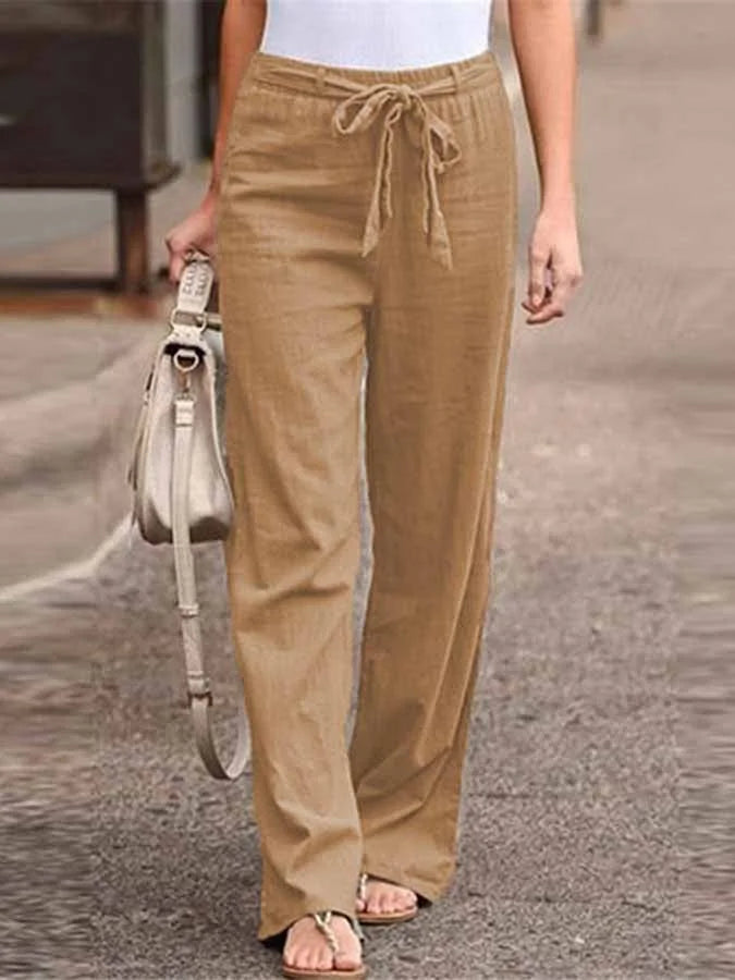 NOUVEAU RICHE Luftige Leinenhose Damen Weite Hohe Taille Bindegürtel Hellbraun