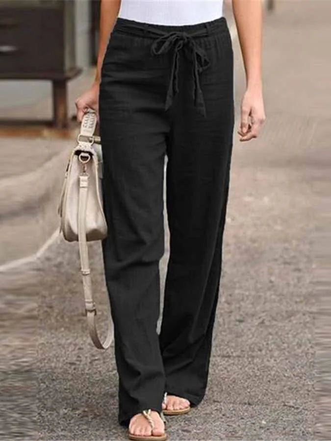 NOUVEAU RICHE Luftige Leinenhose Damen Weite Hohe Taille Bindegürtel Schwarz