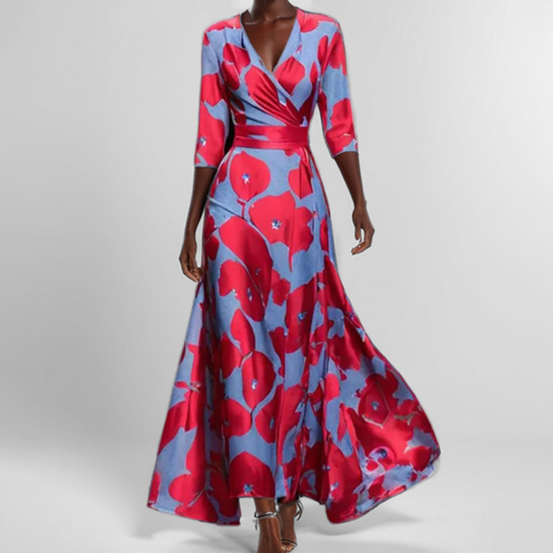 NOUVEAU RICHE Maxikleid Blumenmuster V Ausschnitt Taschen Ellbogenärmeln Blau mit Rot