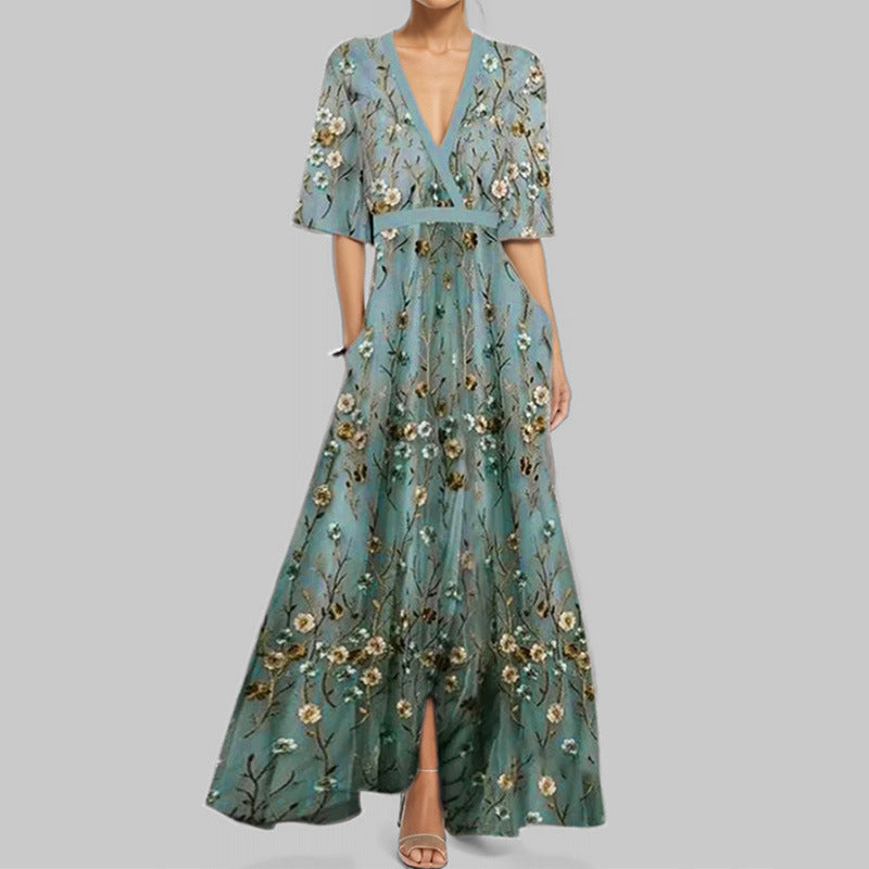 NOUVEAU RICHE Maxikleid Blumenmuster V Ausschnitt Taschen Ellbogenärmeln Grau