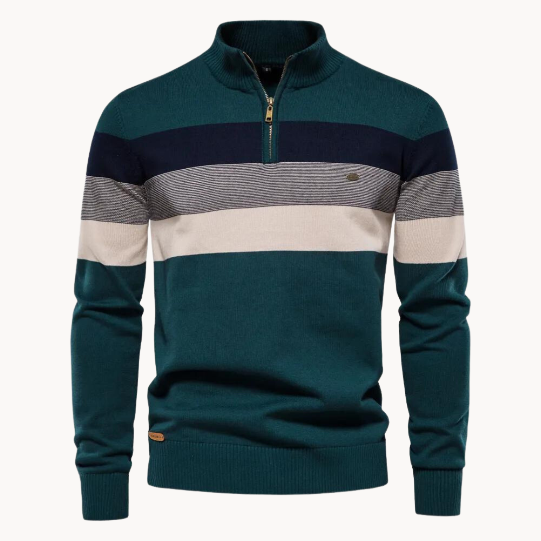 NOUVEAU RICHE Pullover Viertel-Reißverschluss Streifen Baumwollmix Grün