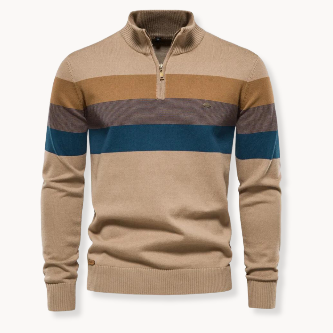 NOUVEAU RICHE Pullover Viertel-Reißverschluss Streifen Baumwollmix Khaki