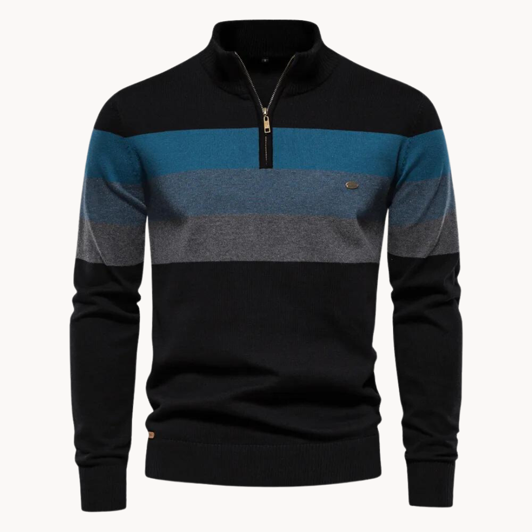 NOUVEAU RICHE Pullover Viertel-Reißverschluss Streifen Baumwollmix Schwarz