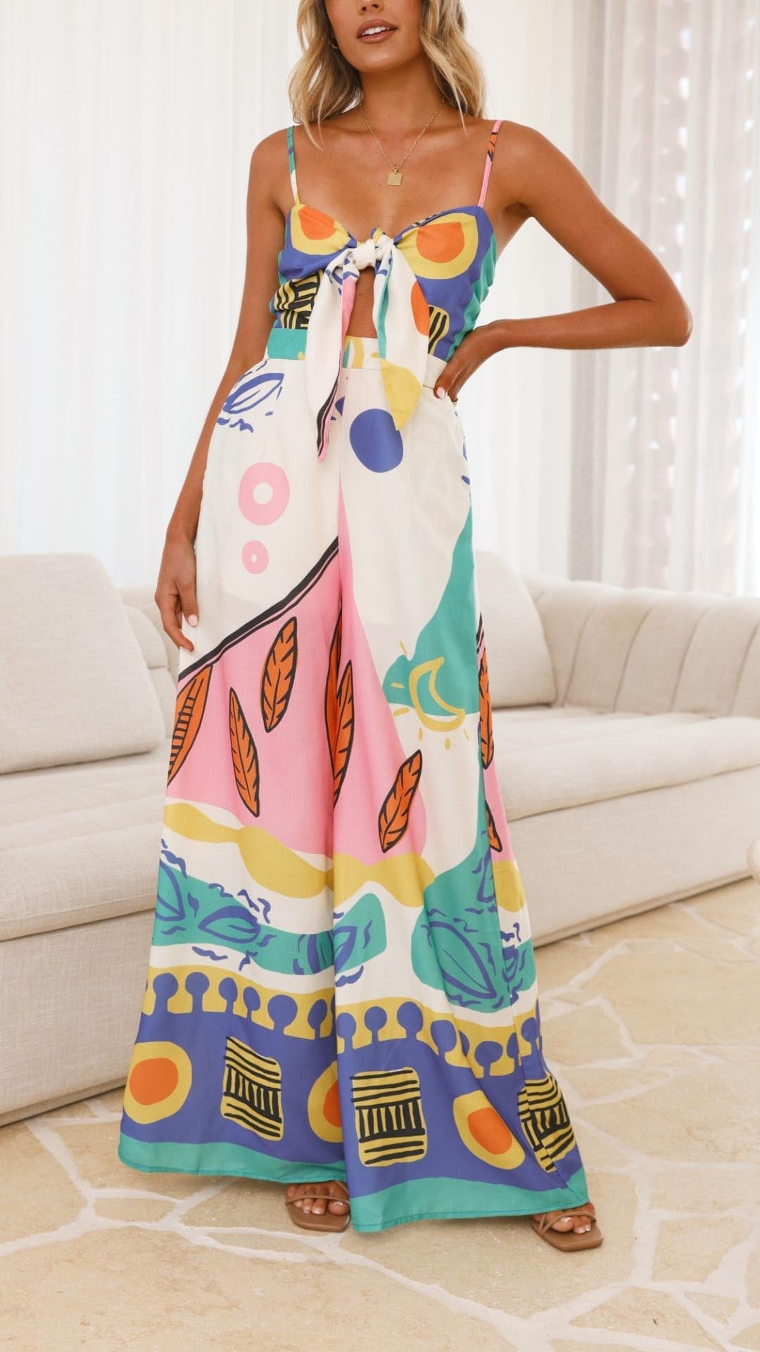 NOUVEAU RICHE Rosa Bedruckter Jumpsuit Mit Bindeband Und Weitem Bein Pinke Blumen