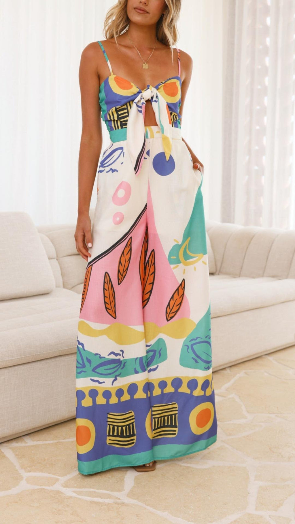 NOUVEAU RICHE Rosa Bedruckter Jumpsuit Mit Bindeband Und Weitem Bein