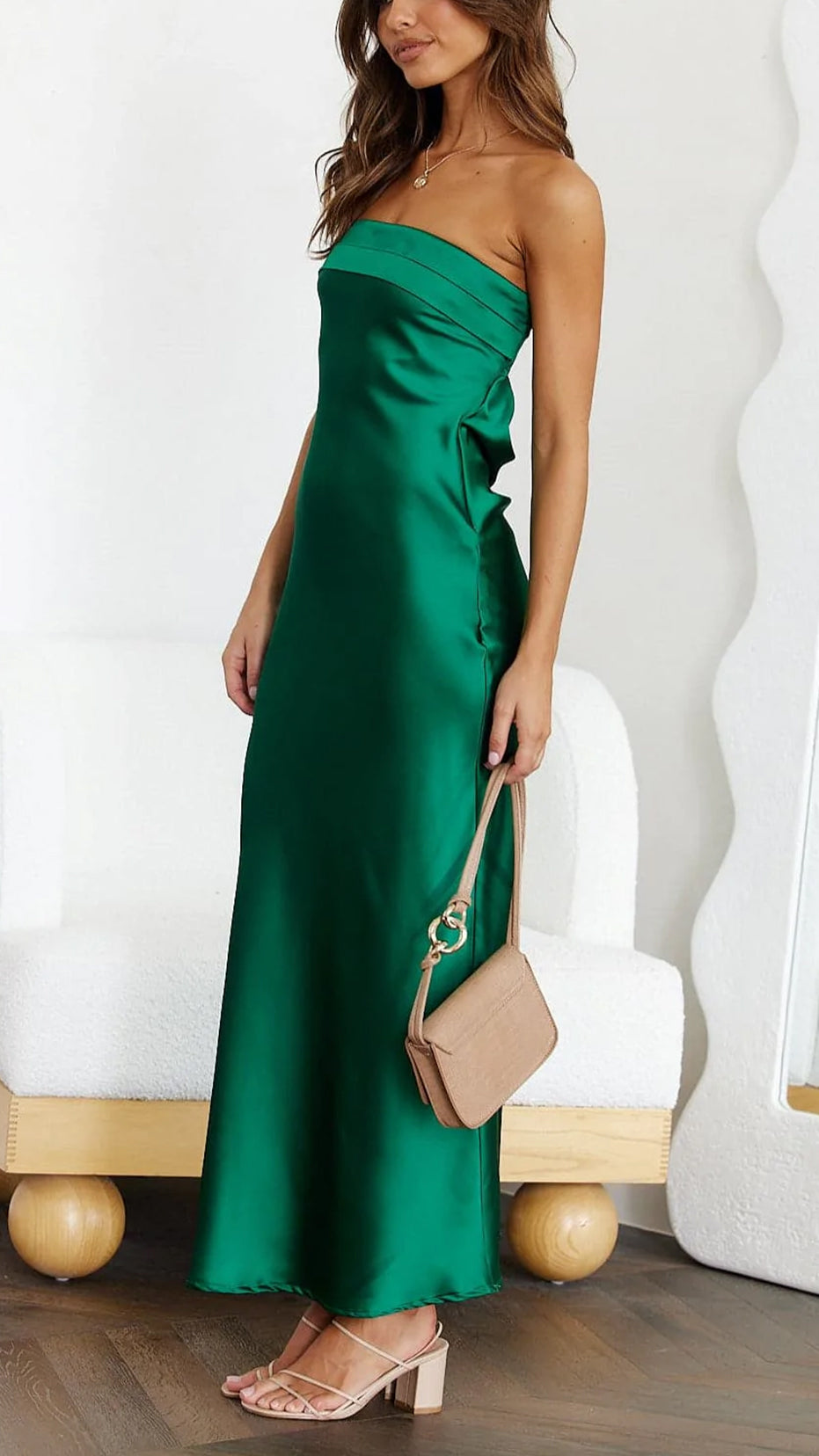 NOUVEAU RICHE Satin Maxikleid Trägerlos Gefalteter Bustier Offener Rücken