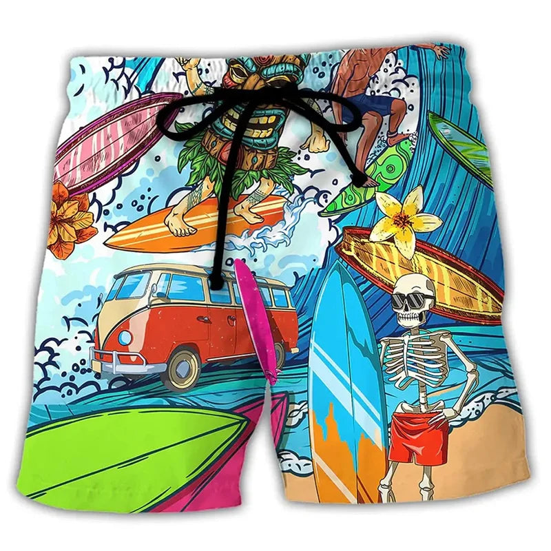 NOUVEAU RICHE Sommer Badeshorts Herren Mit Kordelzug Und Cartoon-Prints Hellblau
