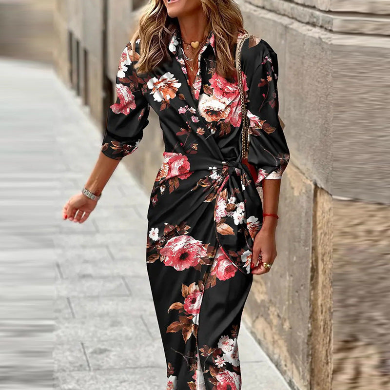 NOUVEAU RICHE Sommerliches Wickelkleid Mit Kragen Aus Leichtem Stoff Blumenschwarz