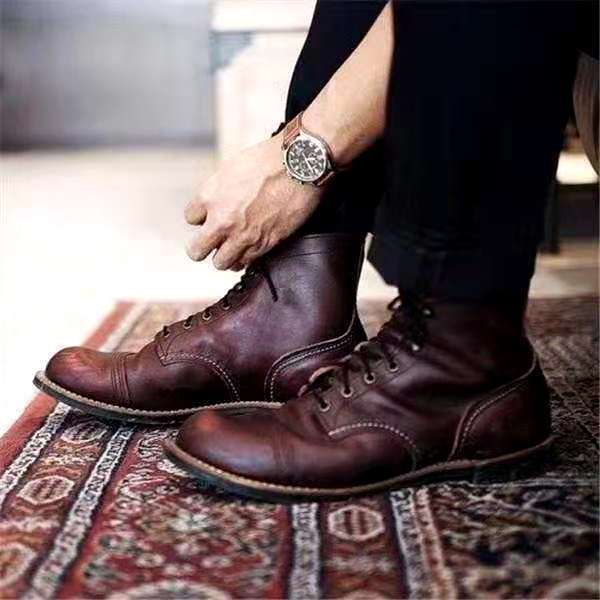 NOUVEAU RICHE Schnürstiefel Herren Leder Retro Stil – Bequem Gepolstert Kaffee