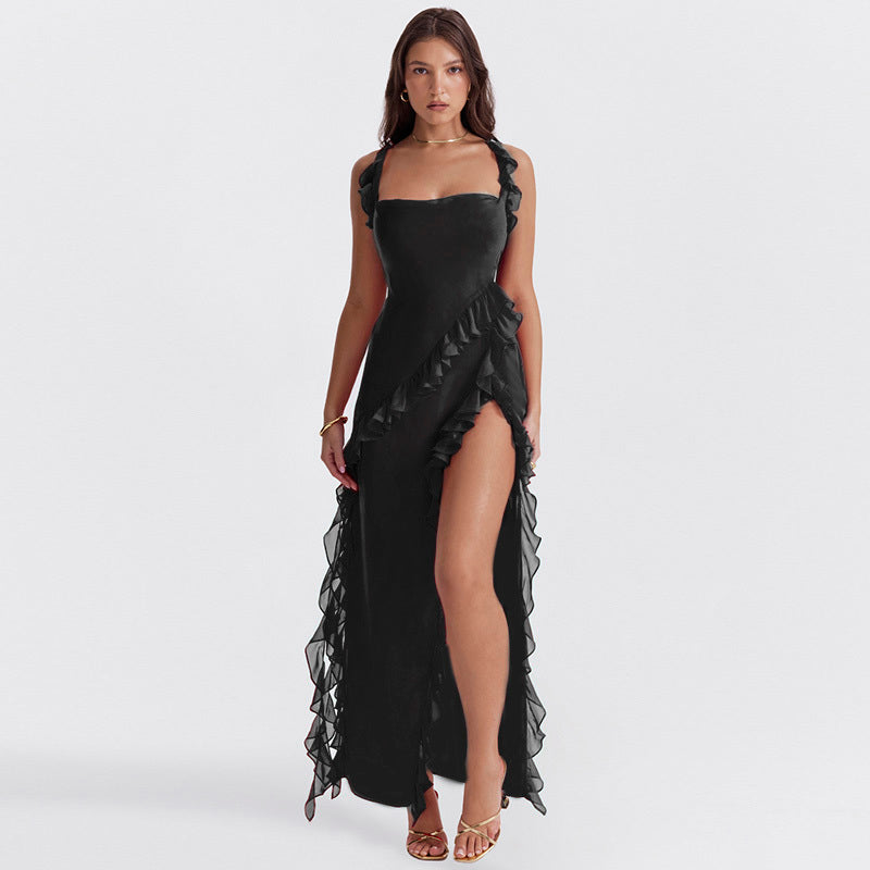 NOUVEAU RICHE Nachtzauber Rüschen Maxi Kleid Mit Fließende Silhouette Schwarz