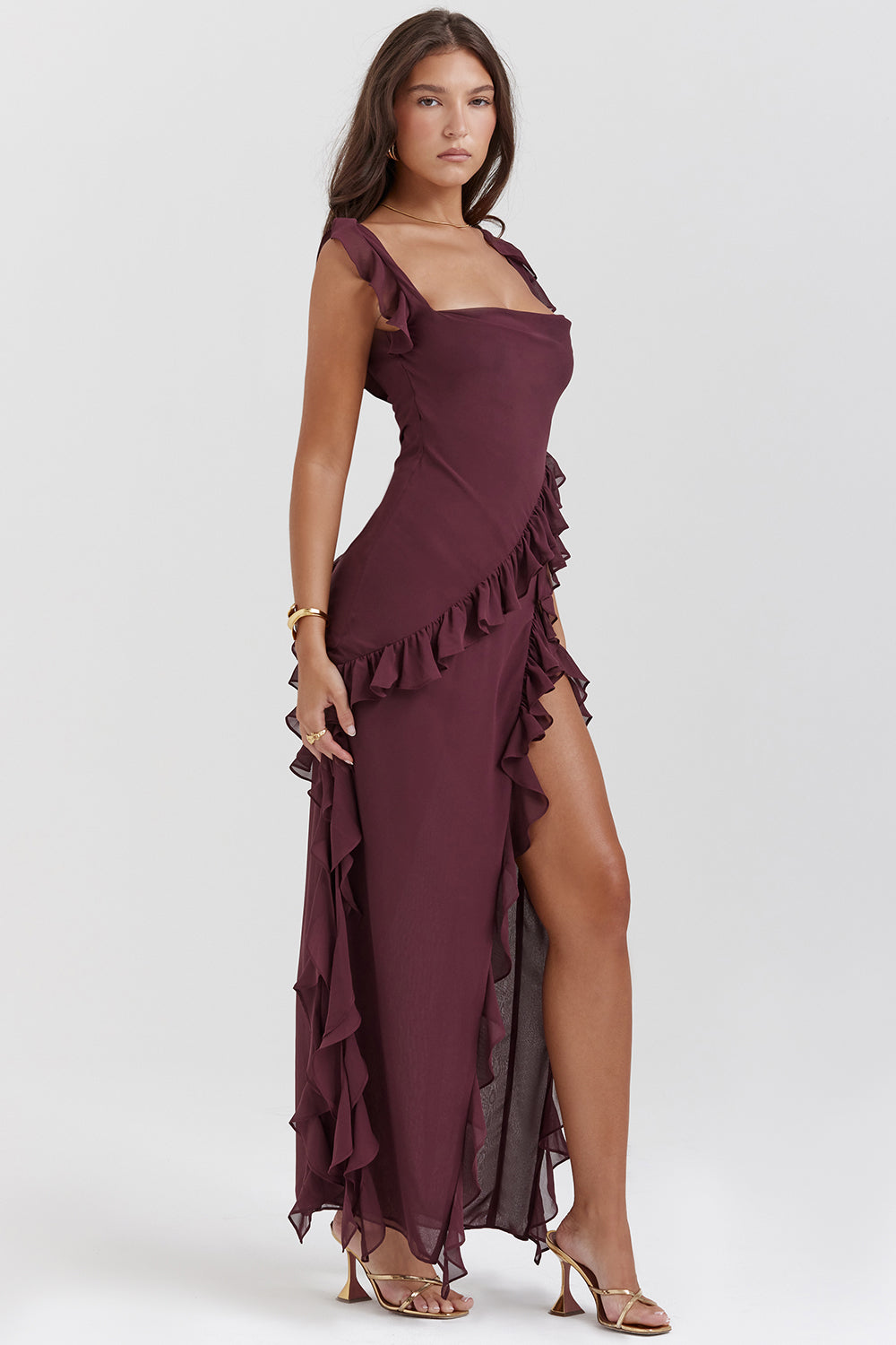 NOUVEAU RICHE Nachtzauber Rüschen Maxi Kleid Mit Fließende Silhouette