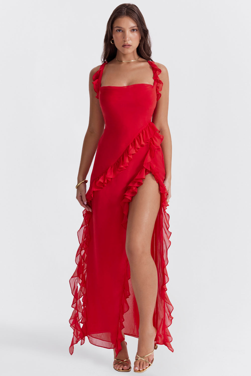 NOUVEAU RICHE Nachtzauber Rüschen Maxi Kleid Mit Fließende Silhouette Rot