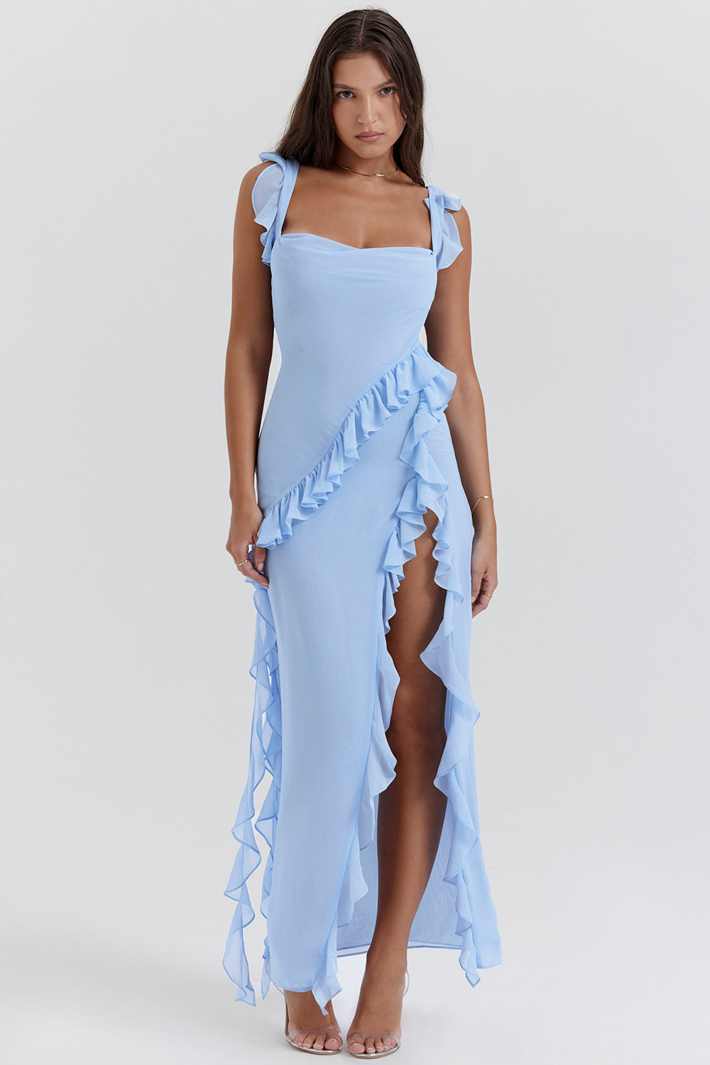 NOUVEAU RICHE Nachtzauber Rüschen Maxi Kleid Mit Fließende Silhouette Blau