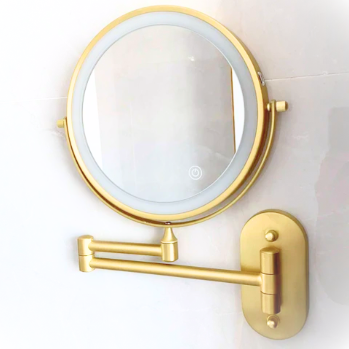 NOUVEAU RICHE Beleuchteter Kosmetikspiegel – Kabelloser, aufladbarer LED-Schminkspiegel mit Vergrösserung & 3 Lichtfarben, dimmbar – LumiAura Gold