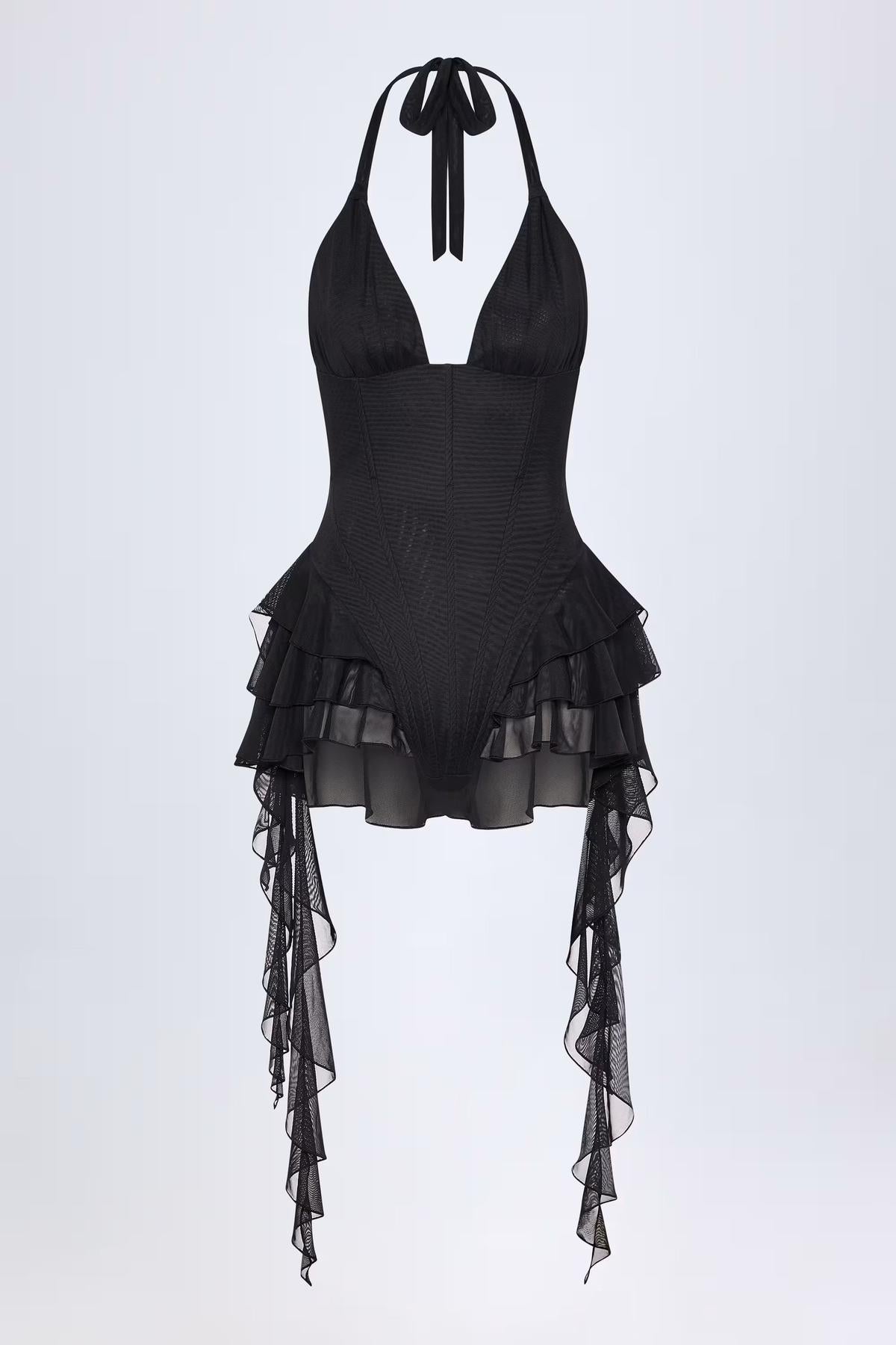 NOUVEAU RICHE Körperbetonter Netz-Bodysuit Mit Rüschen Und Neckholder