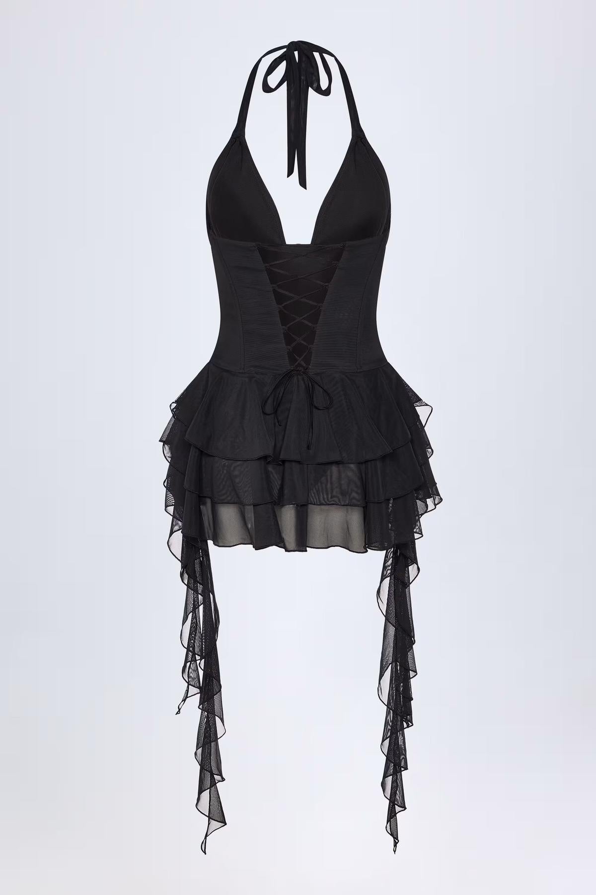 NOUVEAU RICHE Körperbetonter Netz-Bodysuit Mit Rüschen Und Neckholder