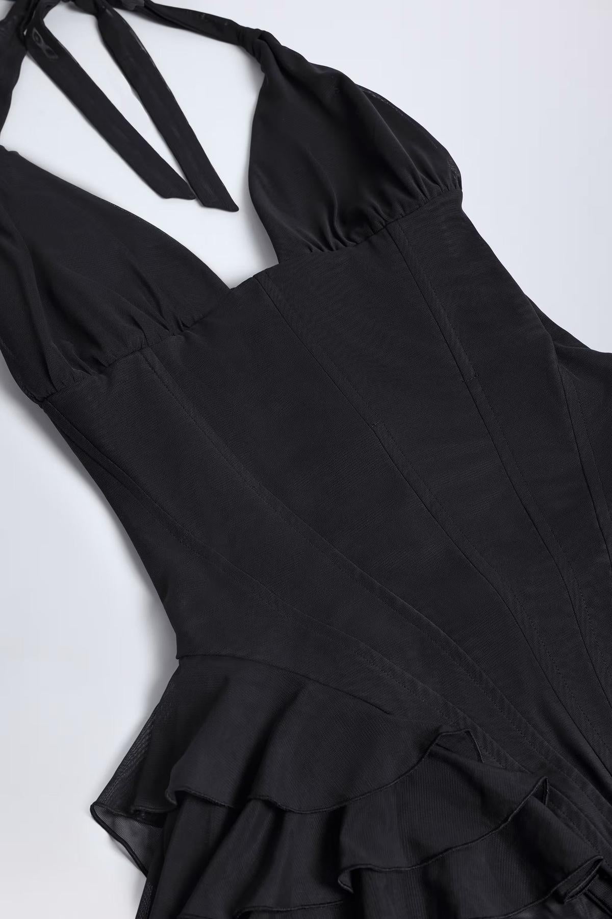 NOUVEAU RICHE Körperbetonter Netz-Bodysuit Mit Rüschen Und Neckholder