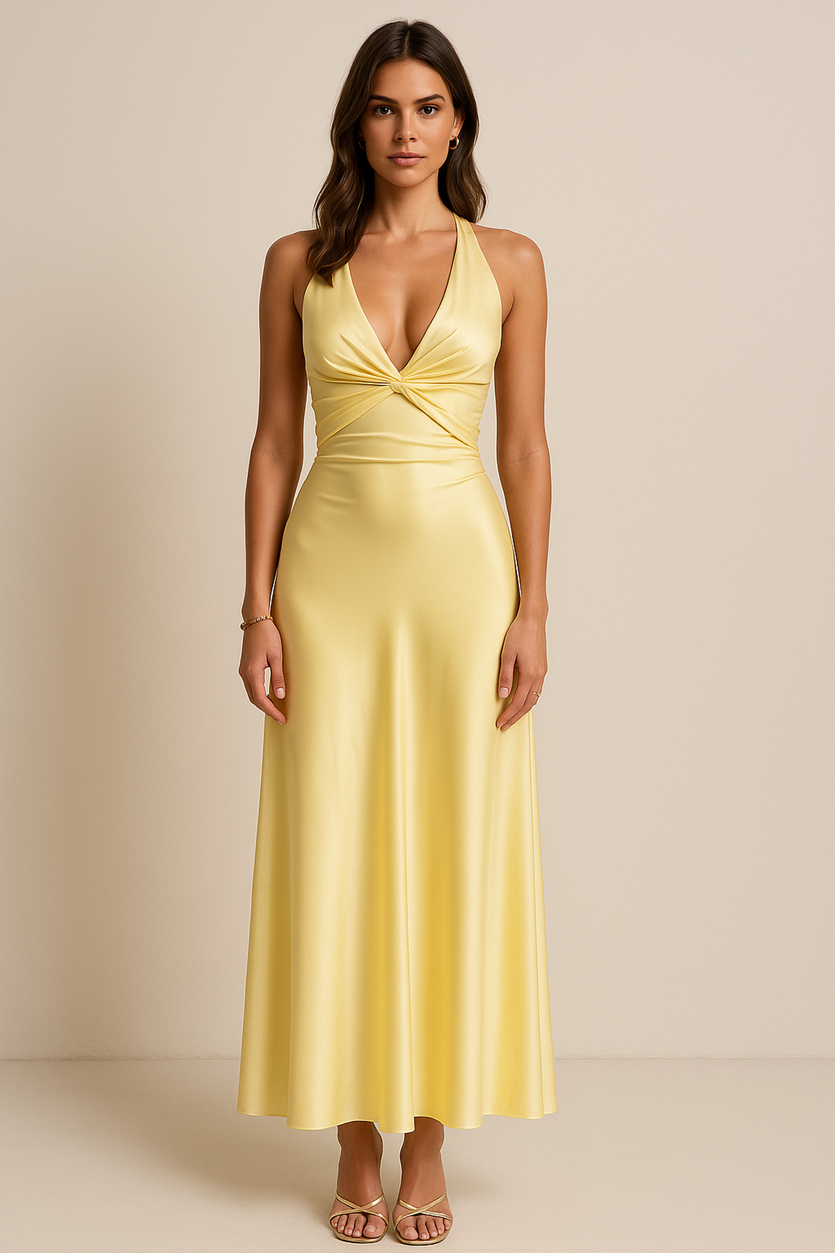 NOUVEAU RICHE Ärmelloses Satin-Neckholder-Maxikleid Bodenlang Tailliert Gelb