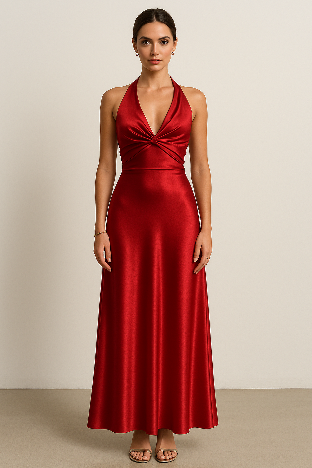 NOUVEAU RICHE Ärmelloses Satin-Neckholder-Maxikleid Bodenlang Tailliert Rot