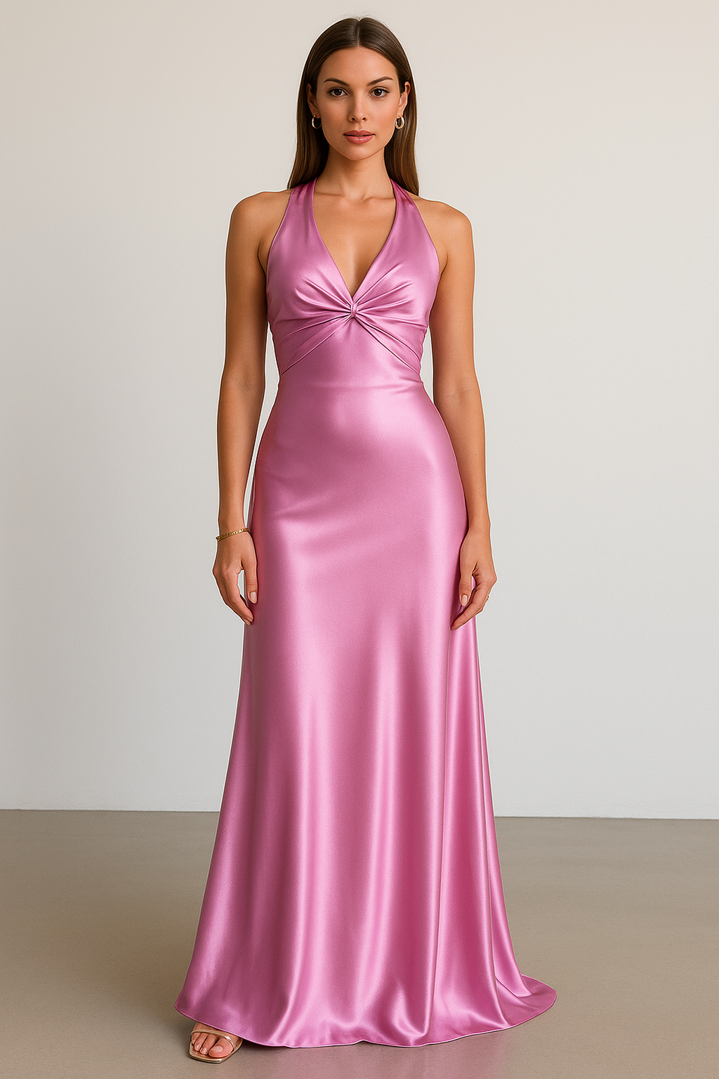 NOUVEAU RICHE Ärmelloses Satin-Neckholder-Maxikleid Bodenlang Tailliert Rosa
