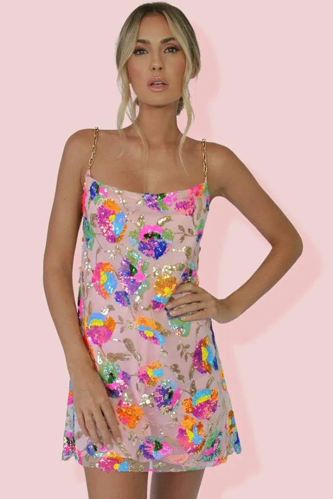 NOUVEAU RICHE Neon Flora Kleid Strahlendes Mini Mit Rückenausschnitt