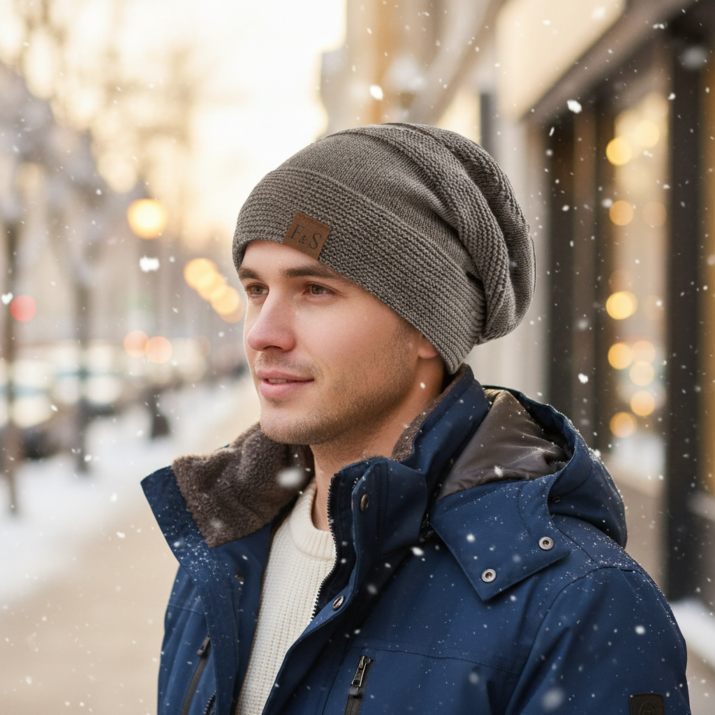 Unisex Wintermützen Slouchy-Stil Fellfutter Beanies Damen Herren Label-Dekor