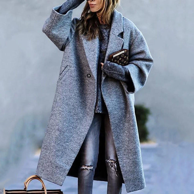 NOUVEAU RICHE Damen Herbstmantel Lang Warm Lässig Stilvoll Gefüttert Grå
