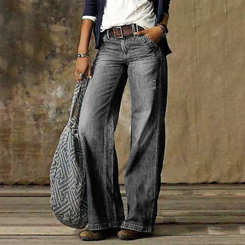 NOUVEAU RICHE Damen Gerade Jeans Mit Geradem Bein Flacher Taille Denim Hellgrau