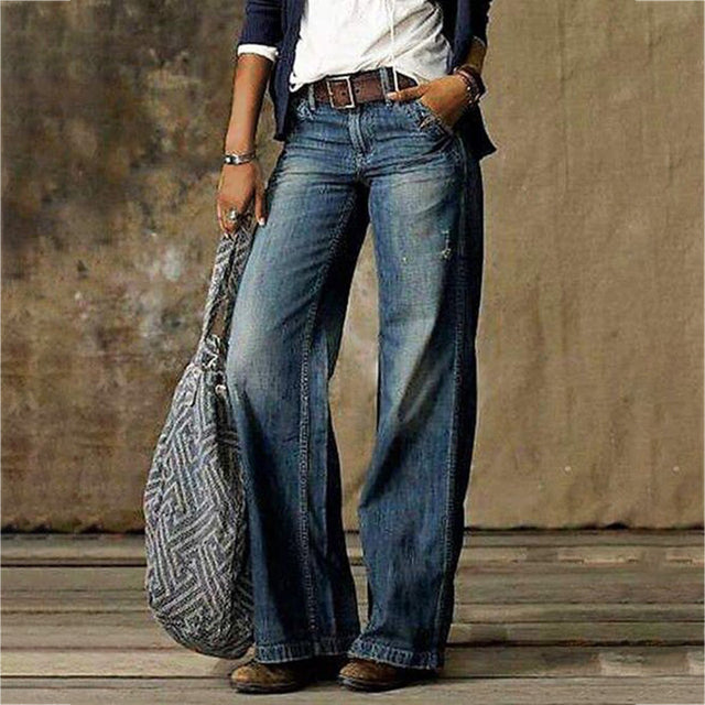 NOUVEAU RICHE Damen Gerade Jeans Mit Geradem Bein Flacher Taille Denim Blau