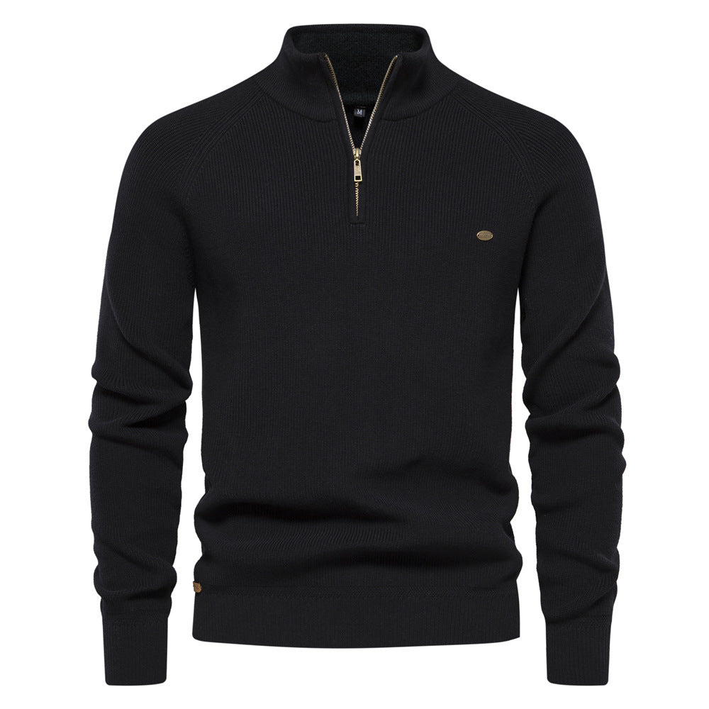 NOUVEAU RICHE Herrenpullover mit Troyer-Kragen – Weiche Oberfläche & Halber Reißverschluss Schwarz