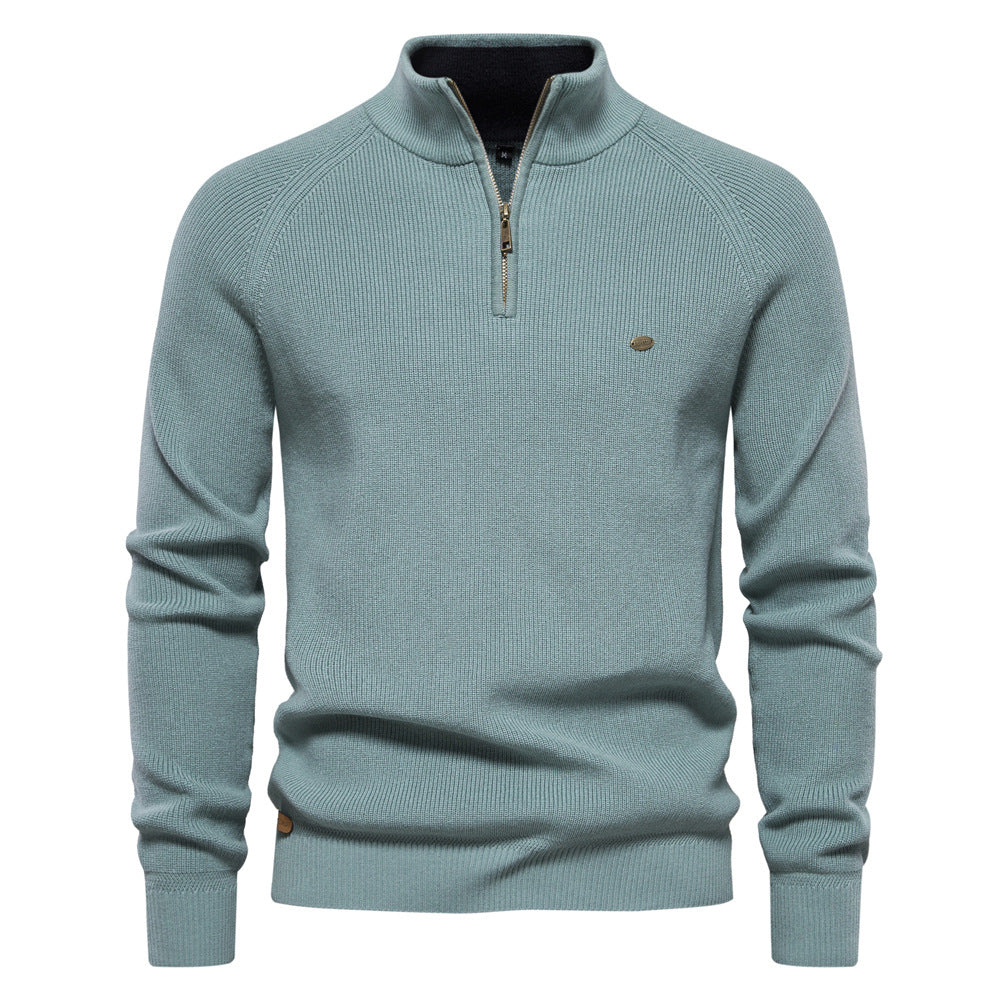 NOUVEAU RICHE Herrenpullover mit Troyer-Kragen – Weiche Oberfläche & Halber Reißverschluss Grün