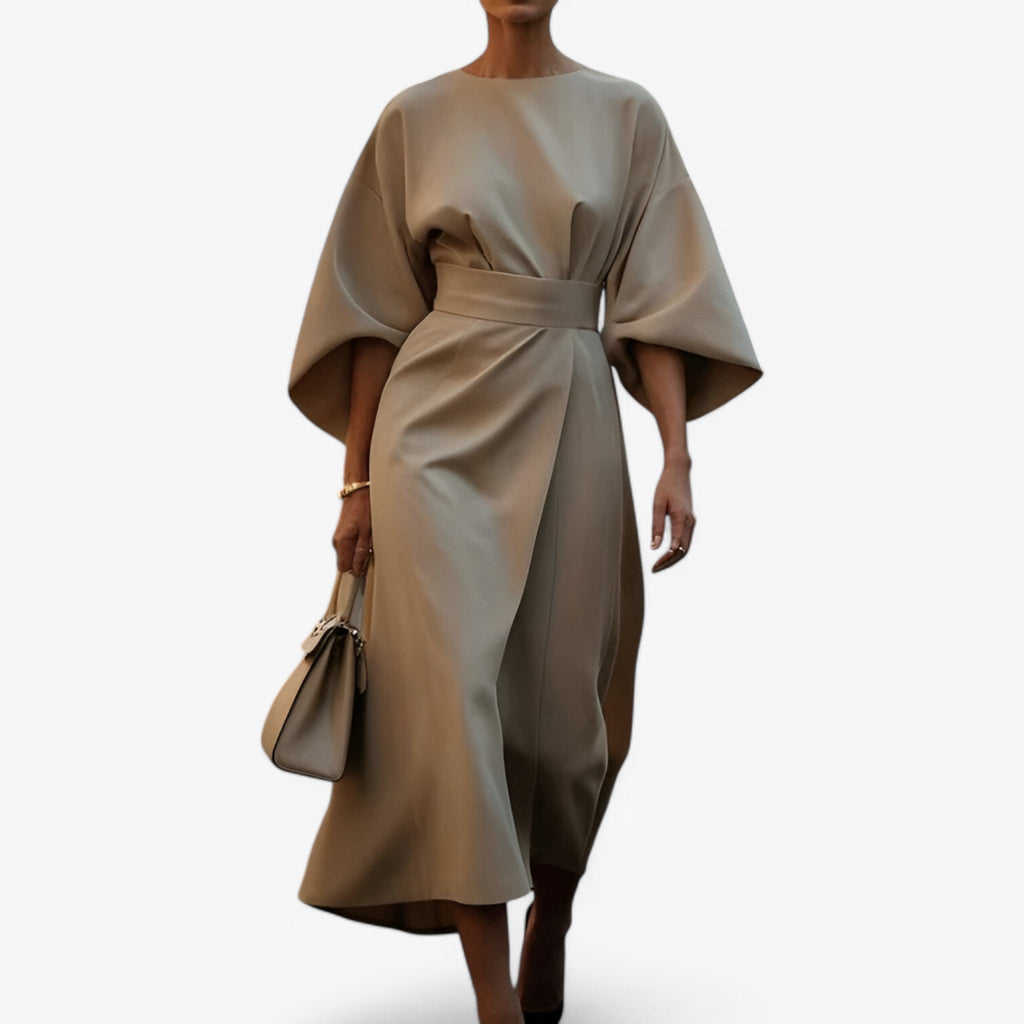 NOUVEAU RICHE Elora | Asymmetrisches Damen-Festkleid – Mutige Fusion aus Anmut & modernem Design für die Stadt Beige