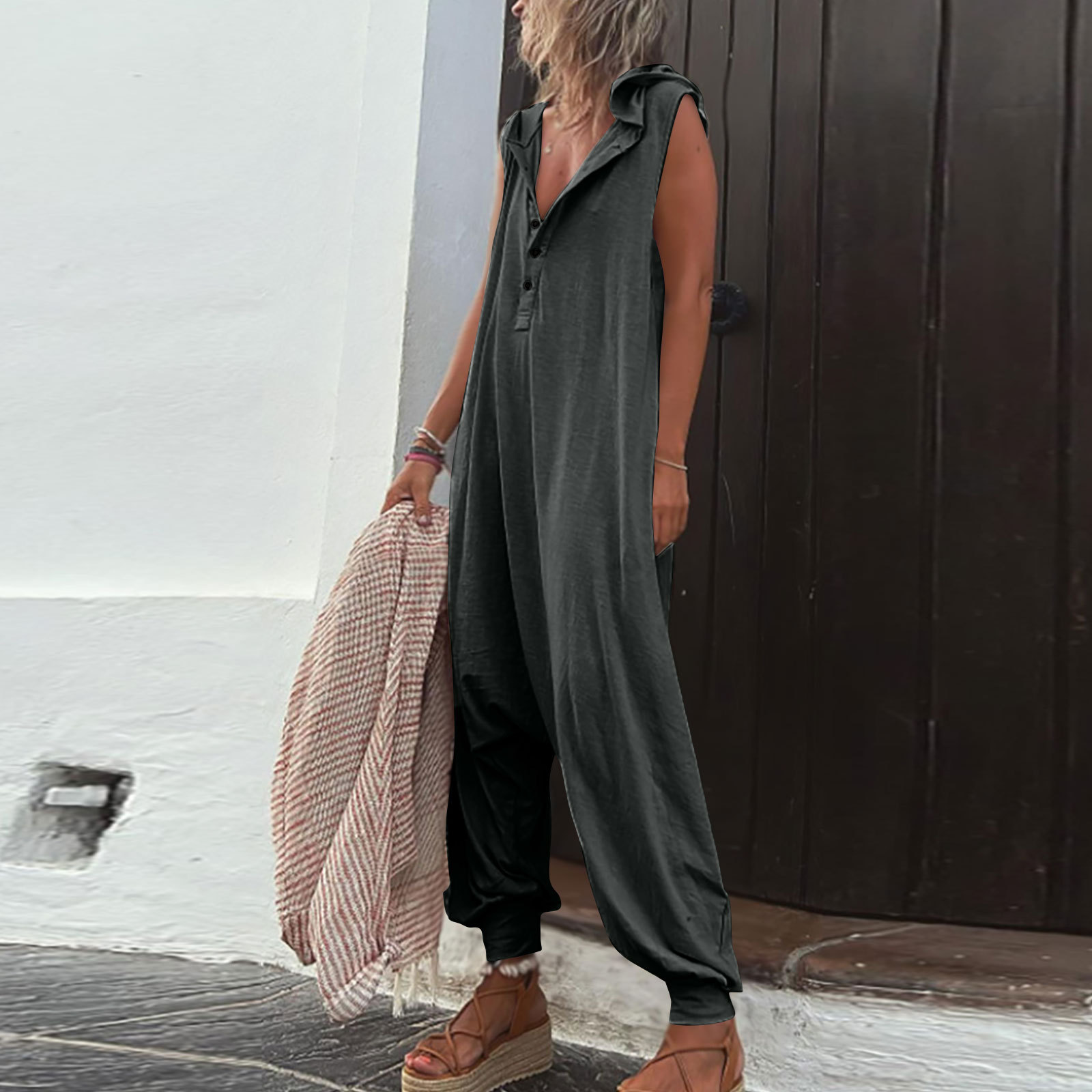 NOUVEAU RICHE Jumpsuit Damen Ärmelloser Leichter Stoff Ideal Für Alltag Dunkelgrau