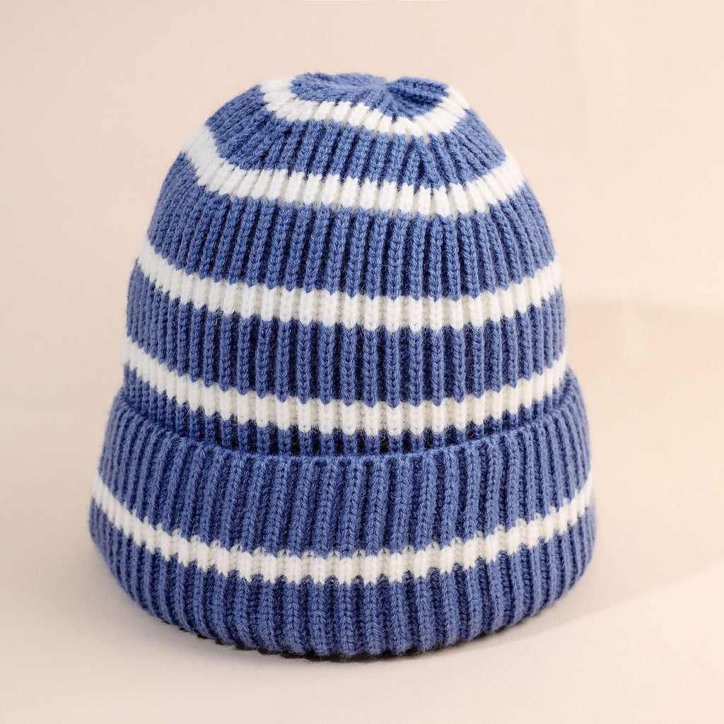 NOUVEAU RICHE Dôre | Damen Beanie-Mütze gestreift mit weichem Innenfutter Grau-blau L