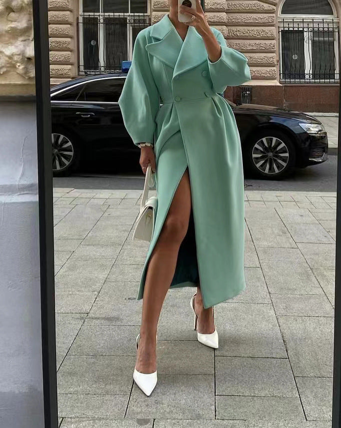 NOUVEAU RICHE Trenchcoat Damen Lang Reverskragen Laternenärmel Elegant Grün